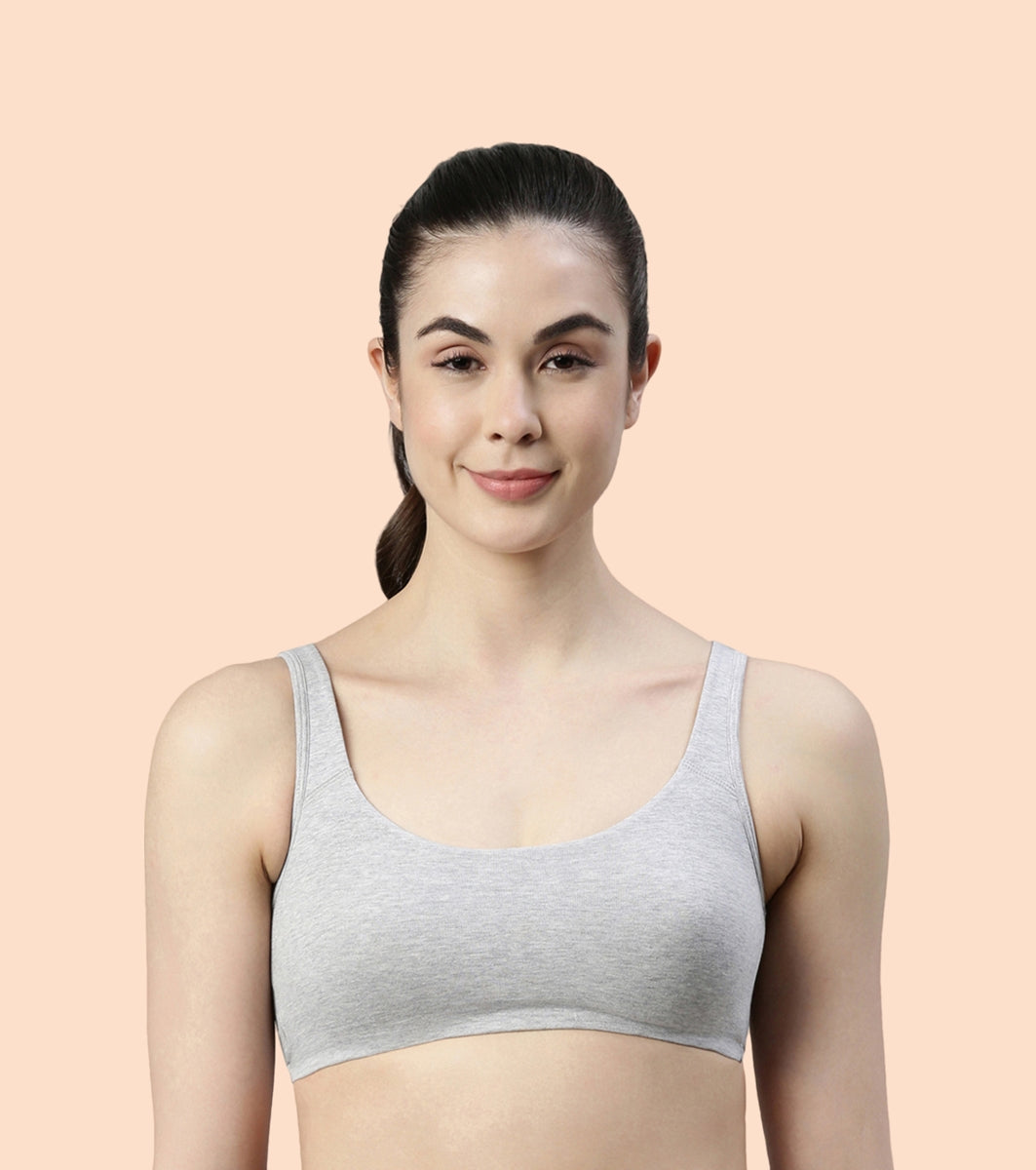 Enamor Low Impact Women's Cotton Everyday Sports Bra All Day Comfort, Non Padded, Wirefree, High Coverage SB06 (Greymelange)