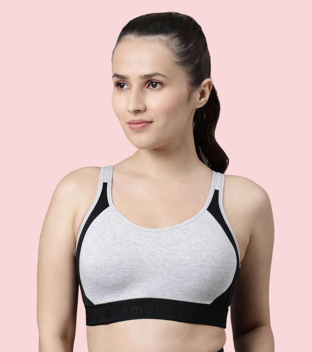 Enamor Innovations Antimicrobial, Side Shaper, Women's Cotton Medium Impact Sports Bra Fixed cup, Padded, Wirefree, High Coverage SB28 (Grey