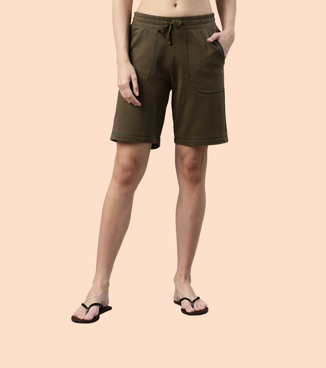 Enamor Drawstring Knee length Mid Rise Bermuda Shorts For Women Relaxed Fit, Soft Cotton French Terry E080 (Army Green)