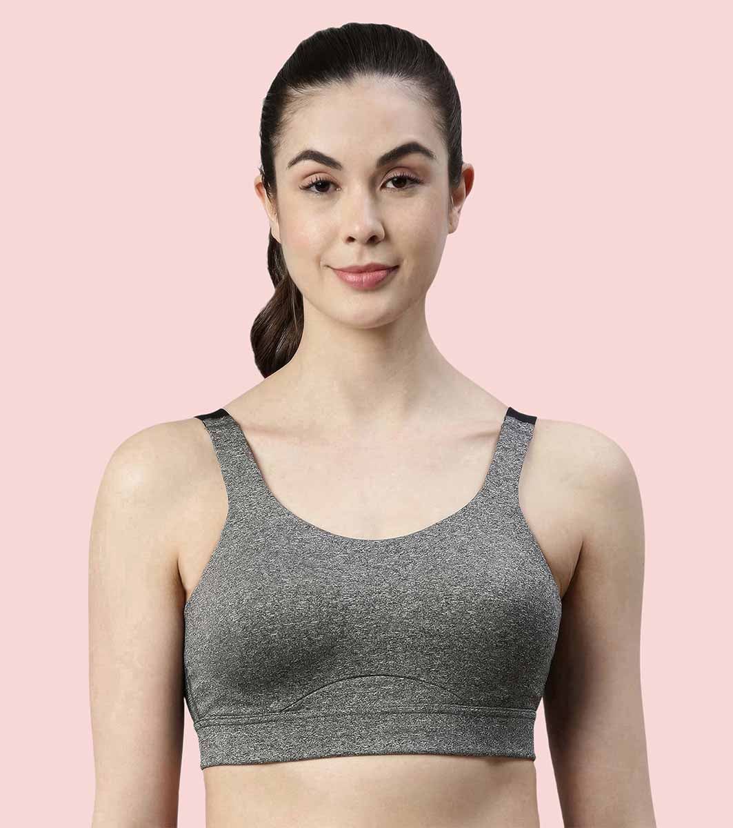 Enamor Innovations Fab-fresh Breathable cup, Women's High Impact Sports Bra - Convertible, Padded, Wirefree, Full Coverage - SB18 (Grey Melange)