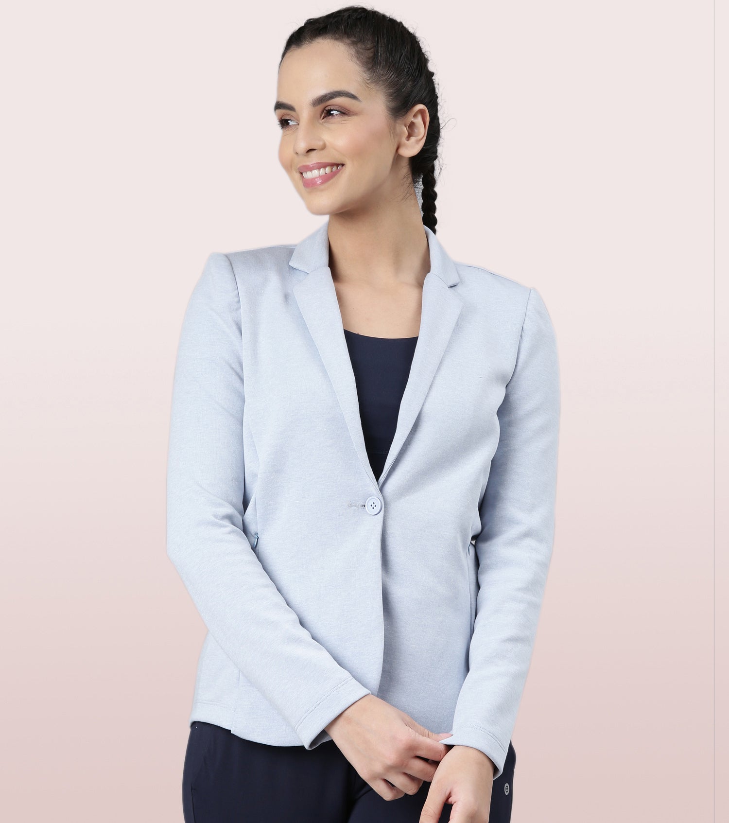 Enamor Button Closure Full Sleeve Hip Length Sports Blazer For Women Slim Fit, Invisible Zipper Pockets A903 (Chambray Melange)