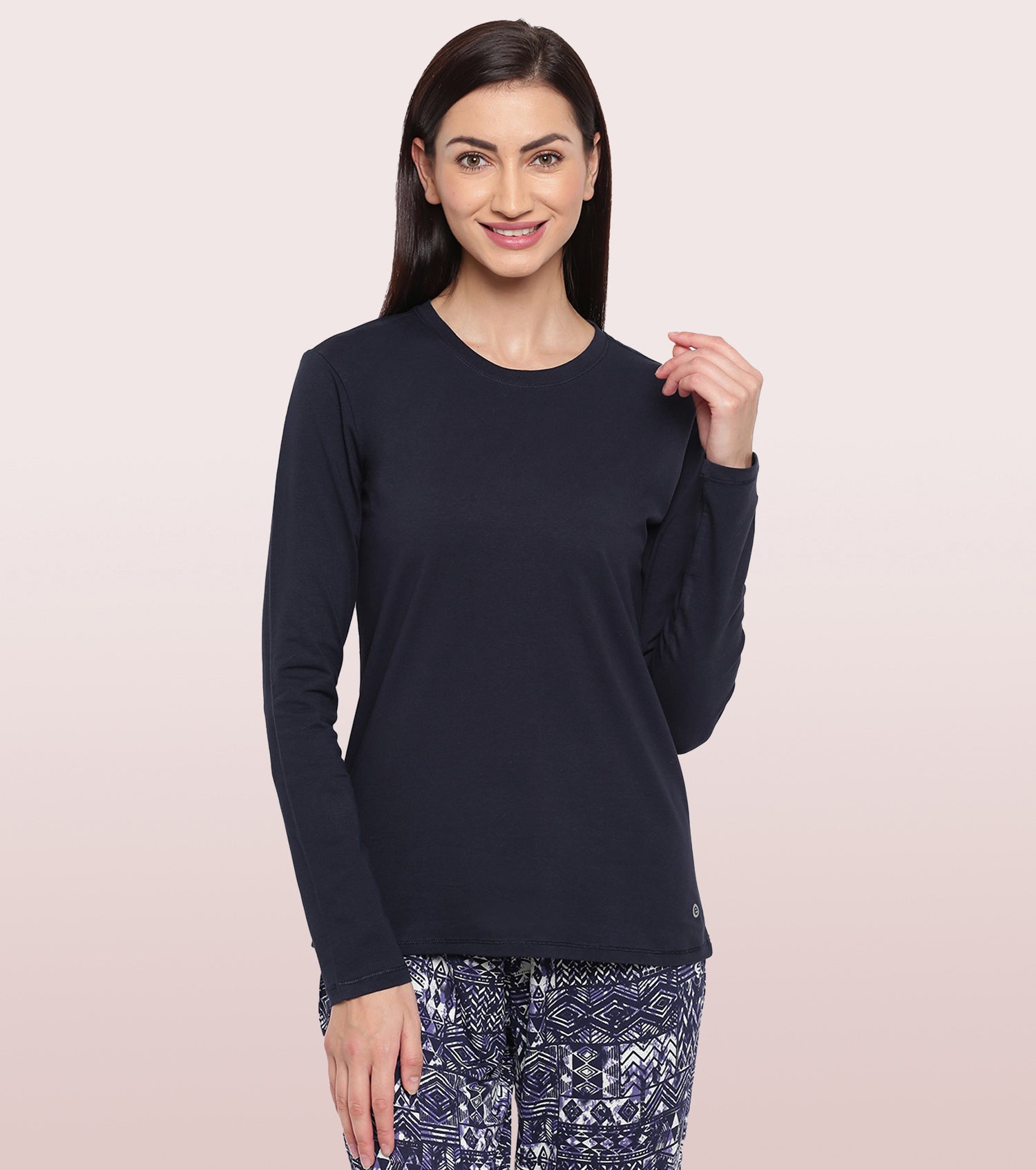 Enamor Full Sleeve Crew Neck Regular Length Basic Crew T-Shirt For Women Slim Fit, Soft and Breathable Stretch Cotton E057 (Navy)