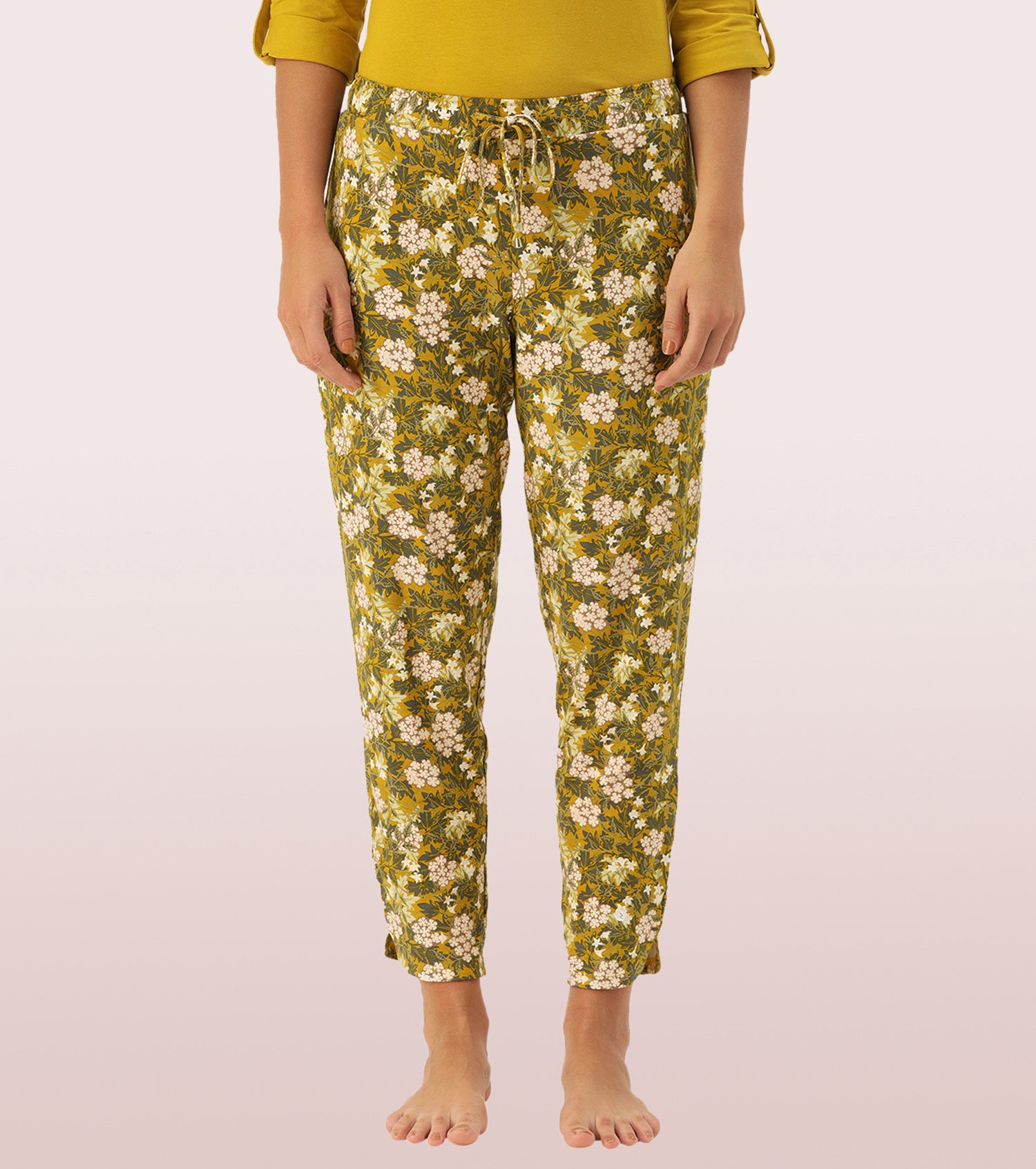 Enamor Mid Rise 7/8th length Drawstring Closure Shop In Pants for Women - Relaxed Fit, Soft & drapey 4-way stretch - E048 (Jungle Aop Mustard)