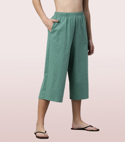 Enamor High Rise Basic Culottes For Women | Breathable Cotton Slub Jersey Culottes | Fern Green