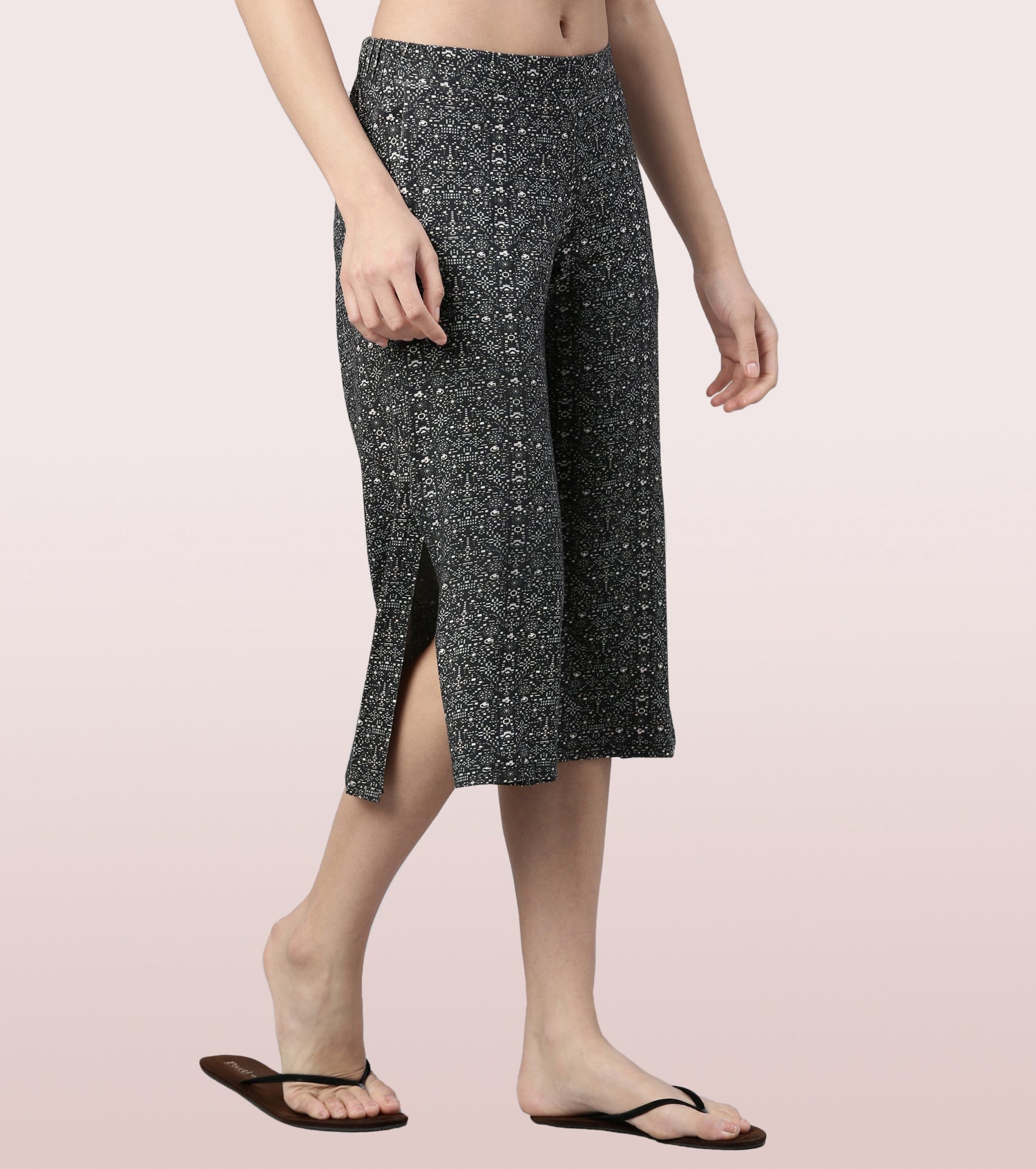 Enamor Culotte Pants For Women | Crop Length Culottes With Smart Side Slits | Black Pixie Aop