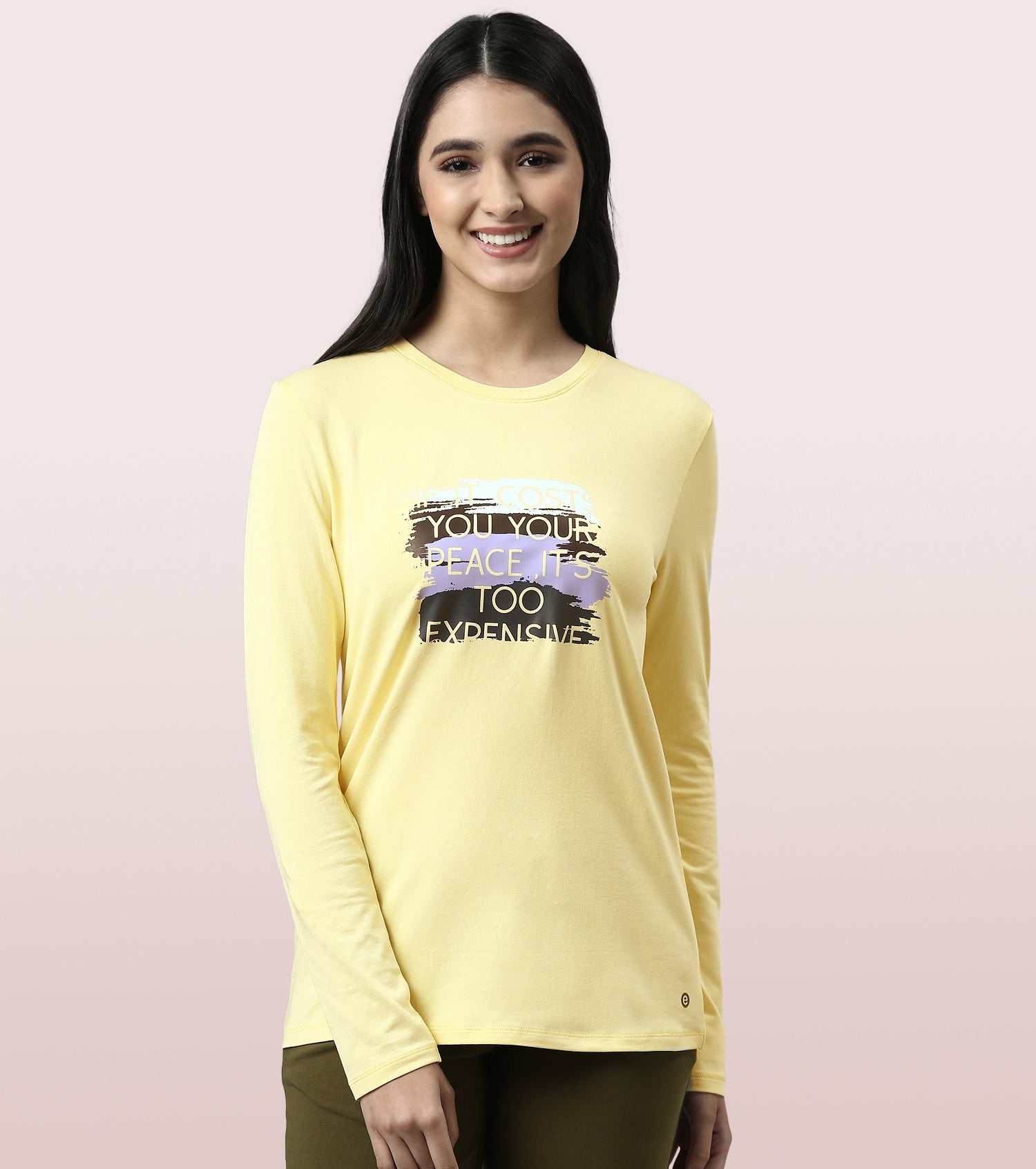 Enamor Full Sleeve Crew Neck Regular Length Pull On Basic Crew T-Shirt For Women - Typographic Print, Soft and Breathable Stretch Cotton - E157 (Lemon Cream/Peace)