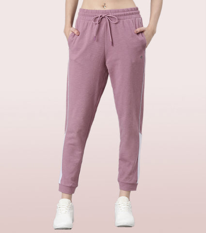 Enamor Relaxed Fit Popcorn Fabric Jogger For Women | Mid Rise Regular Length Piping Jogger | E403