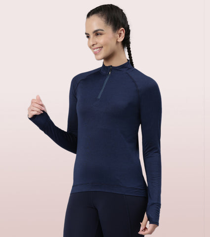 Enamor Long Sleeve Workout Tee | Slim Fit Troyer T-Shirt With Thumbhole For Women | A310