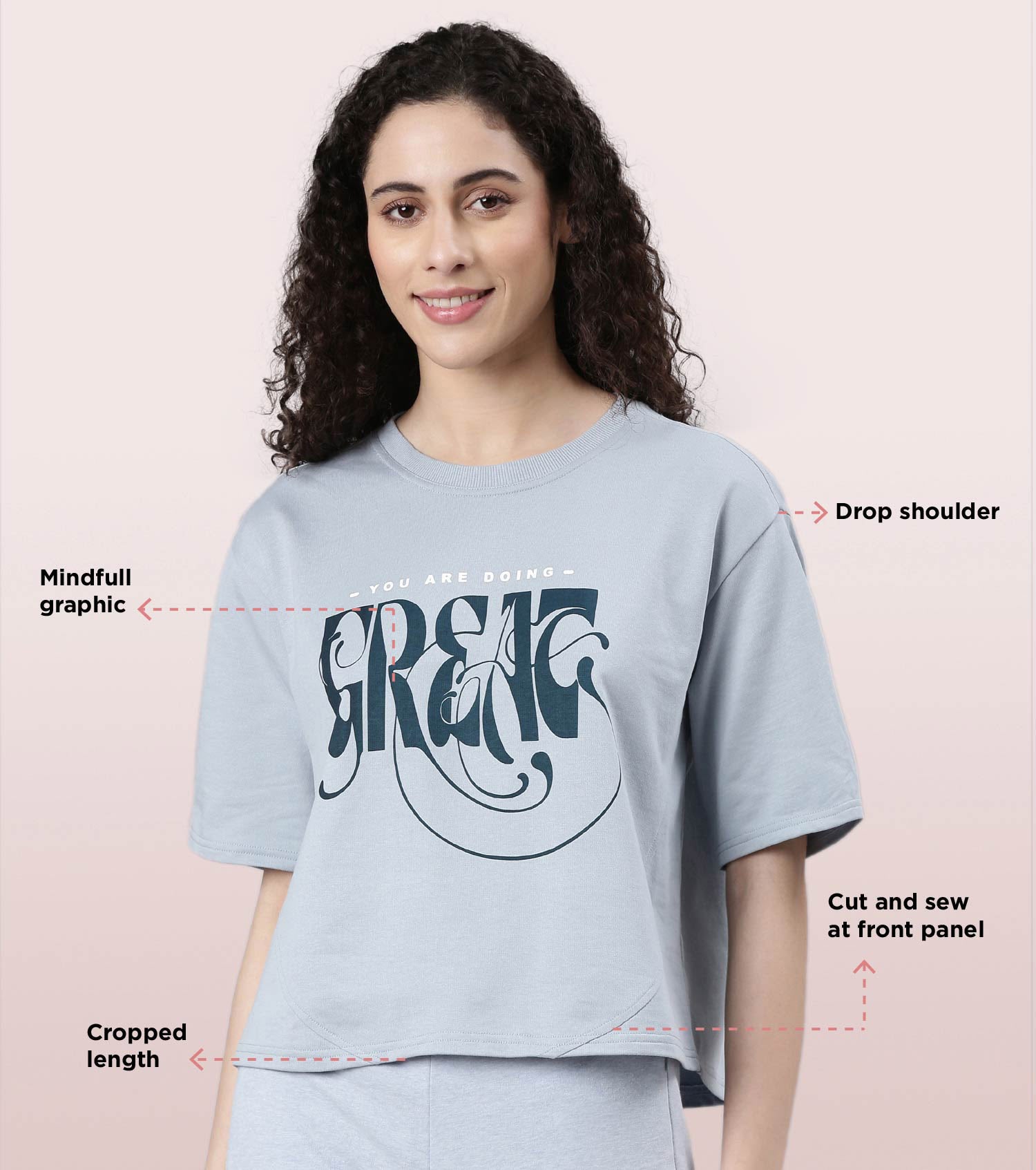Enamor Cotton Terry Graphic T-Shirt For Women | Cropped Length Oversized Fit Tee | E3G4