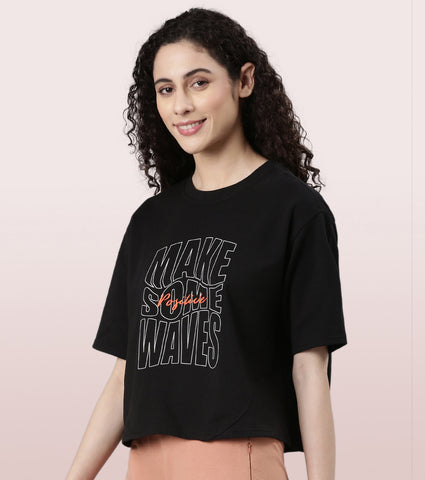Enamor Cotton Terry Graphic T-Shirt For Women | Cropped Length Oversized Fit Tee | E3G4