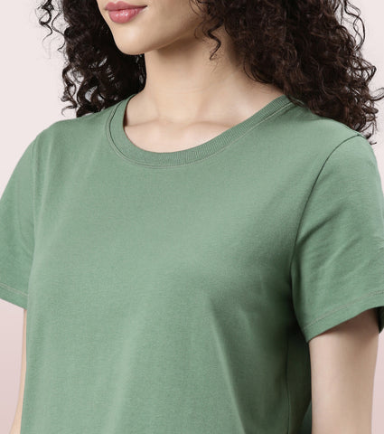  Enamor Basic Stretch Cotton Tee | Short Sleeve Crew Neck Tee For Women | E305