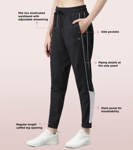 Enamor Relaxed Fit Popcorn Fabric Jogger For Women | Mid Rise Regular Length Piping Jogger | E403