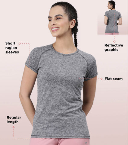 Slim Active Tee | Short Sleeve Raglan Scoop Neck Slim Active Tee With Reflective Graphic On Back | E089