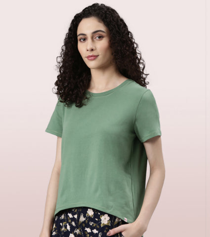  Enamor Basic Stretch Cotton Tee | Short Sleeve Crew Neck Tee For Women | E305