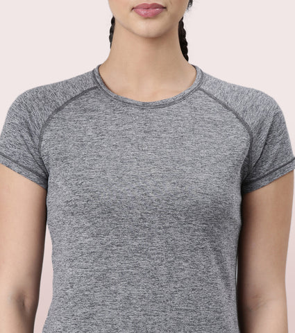 Slim Active Tee | Short Sleeve Raglan Scoop Neck Slim Active Tee With Reflective Graphic On Back | E089