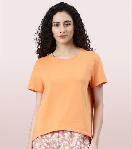  Enamor Basic Stretch Cotton Tee | Short Sleeve Crew Neck Tee For Women | E305
