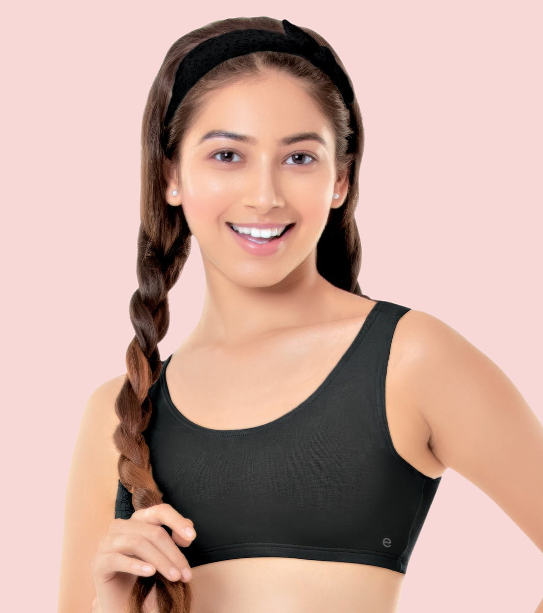 Enamor Innovations  Easy Fit, Antimicrobial, Front Double Layer ,Women's Cotton Beginner's Bra - Pop-On Style, Non Padded, Wirefree, High Coverage  - BB01 (Black)