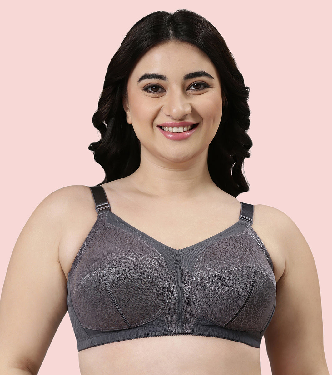 Enamor Innovations Transform M-Frame, Ultimate curve Support, Jiggle control, Women's Bra - Non Padded, Wirefree, Full Coverage - F096 (Available in Plus Sizes) (Ink Grey)