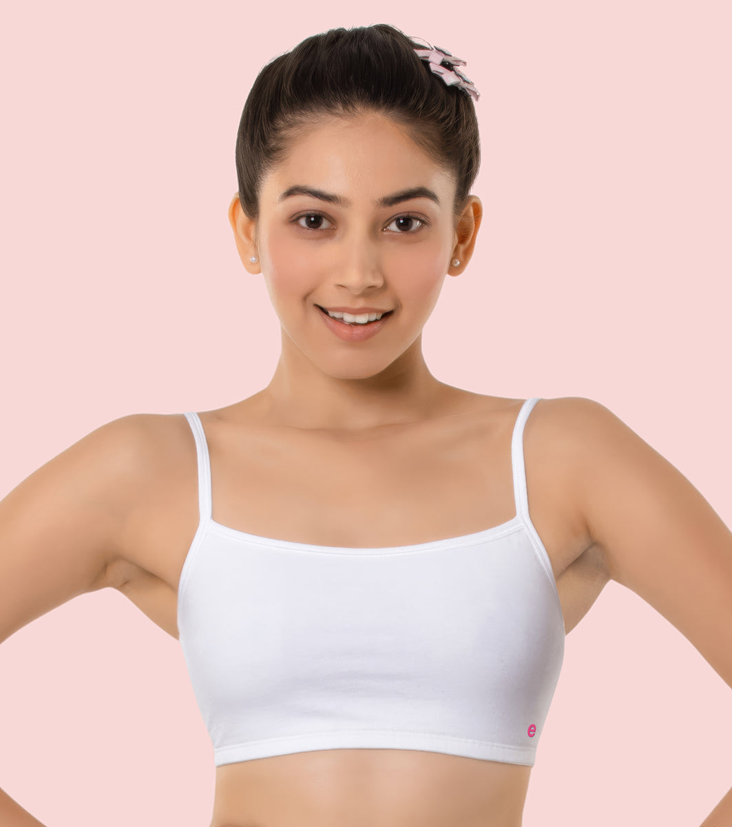 Enamor Innovations Antimicrobial, Cami Neck , Front Double Layer Women's Cotton Beginner's Bra - Pop-On Style, Non Padded, Wirefree, High Coverage - BB02 (White)