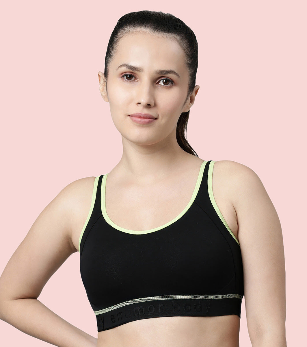 Enamor Innovations Antimicrobial, Side Shaper, Women's Cotton Medium Impact Sports Bra -  Fixed cup, Padded, Wirefree, High Coverage - SB28 (Black)