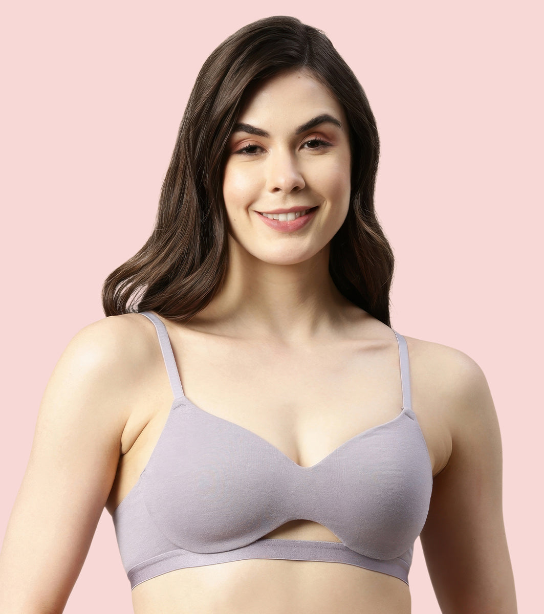 Enamor CloudSoft A032 Invisible Neckline Cotton T-shirt Bra for Women- Medium Coverage, Padded and Wirefree - Silver Lilac