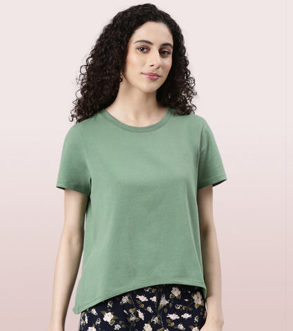  Enamor Basic Stretch Cotton Tee | Short Sleeve Crew Neck Tee For Women | E305