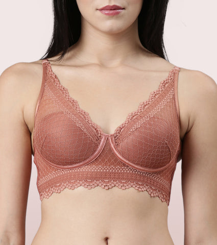 Enamor F125, LONGLINE COMFORT LACE BRA, PADDED WIREFREE HIGH COVERAGE -  Nugget / S