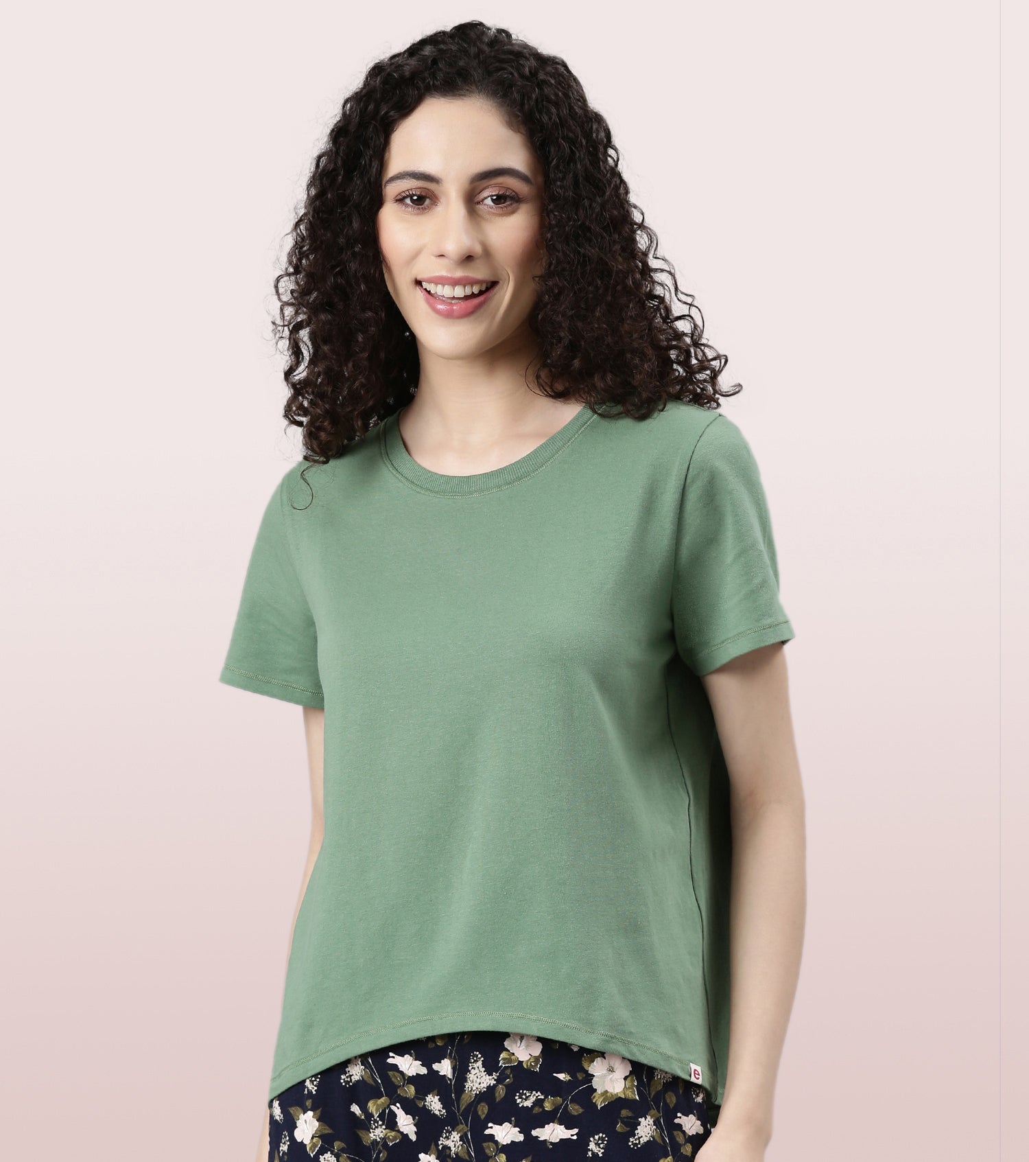  Enamor Basic Stretch Cotton Tee | Short Sleeve Crew Neck Tee For Women | E305