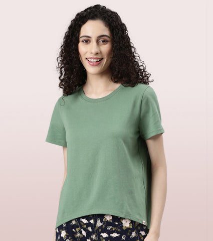  Enamor Basic Stretch Cotton Tee | Short Sleeve Crew Neck Tee For Women | E305