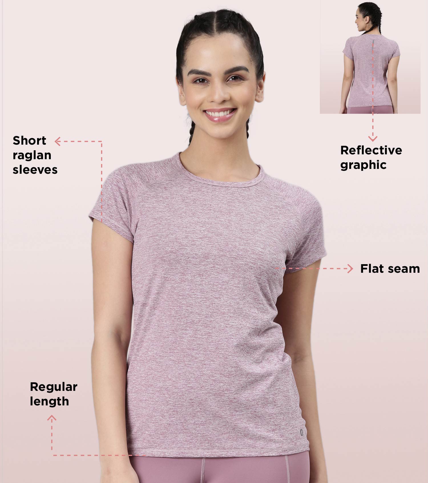 Slim Active Tee | Short Sleeve Raglan Scoop Neck Slim Active Tee With Reflective Graphic On Back | E089
