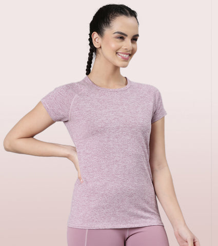 Slim Active Tee | Short Sleeve Raglan Scoop Neck Slim Active Tee With Reflective Graphic On Back | E089
