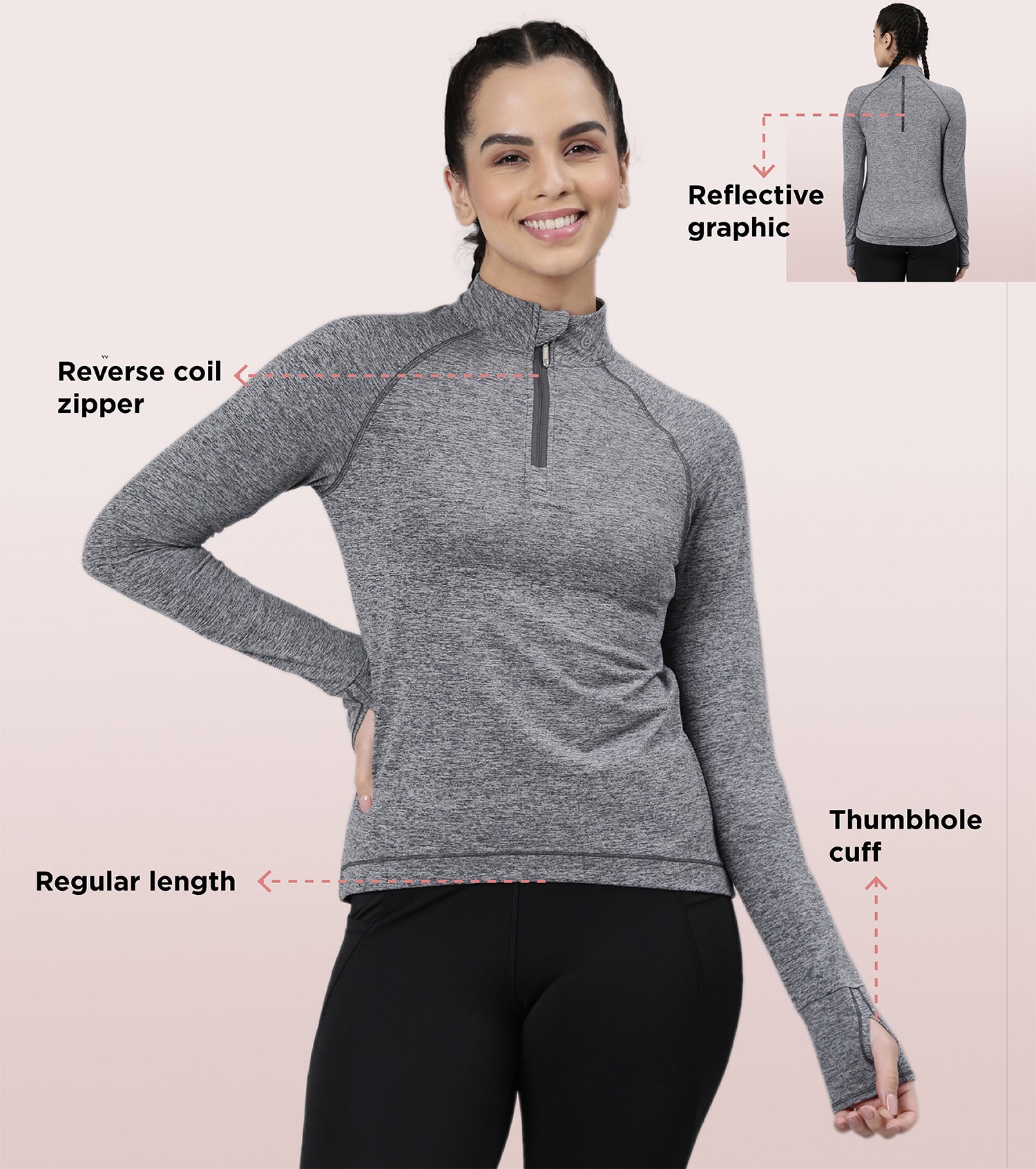 Enamor Long Sleeve Workout Tee | Slim Fit Troyer T-Shirt With Thumbhole For Women | A310