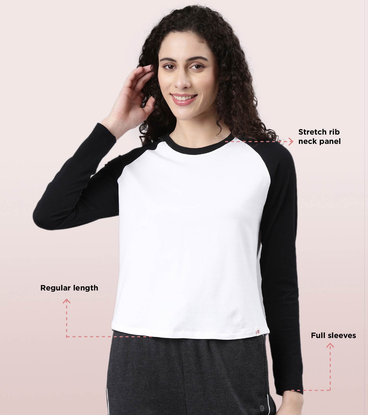 Enamor Long Sleeve Tee | Crew Neck Raglan Tee For Women | E307