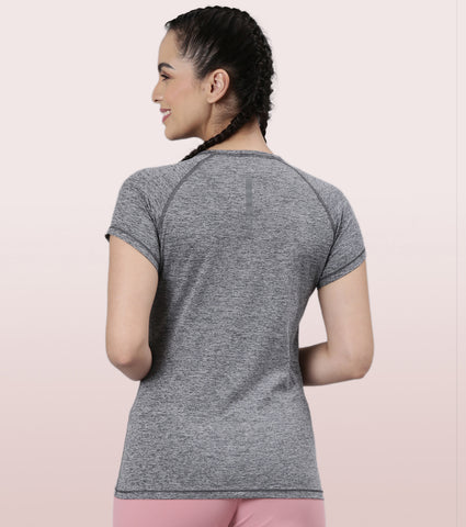 Slim Active Tee | Short Sleeve Raglan Scoop Neck Slim Active Tee With Reflective Graphic On Back | E089