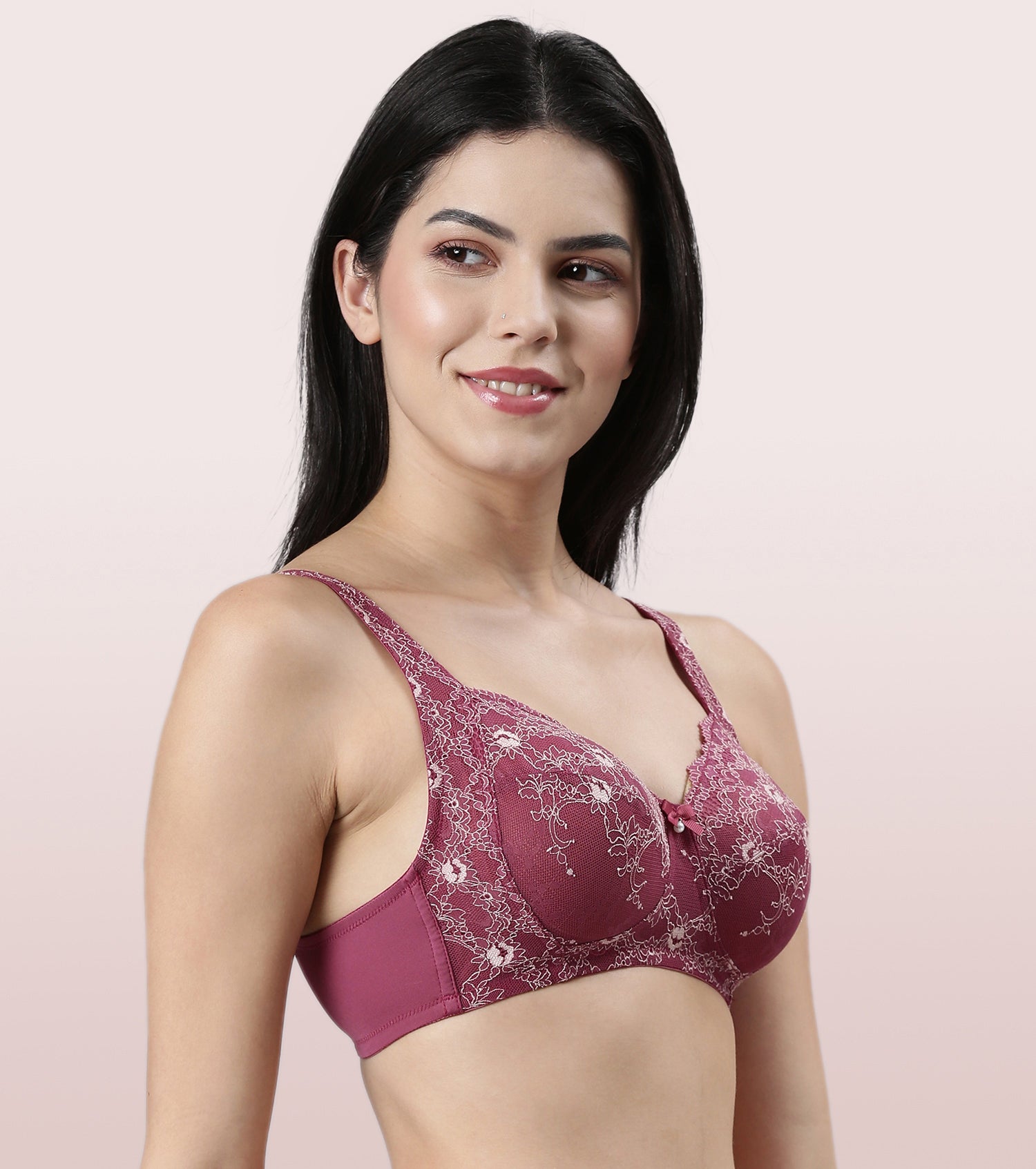Enamor F129, LACE CONTOUR BRA, NON-PADDED WIREFREE HIGH COVERAGE - Cosmic  Sky / 32B
