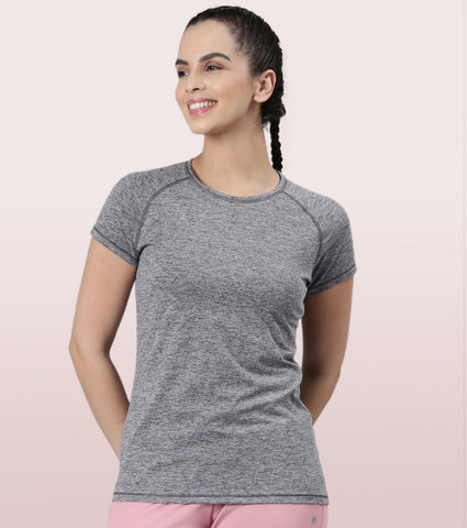 Slim Active Tee | Short Sleeve Raglan Scoop Neck Slim Active Tee With Reflective Graphic On Back | E089