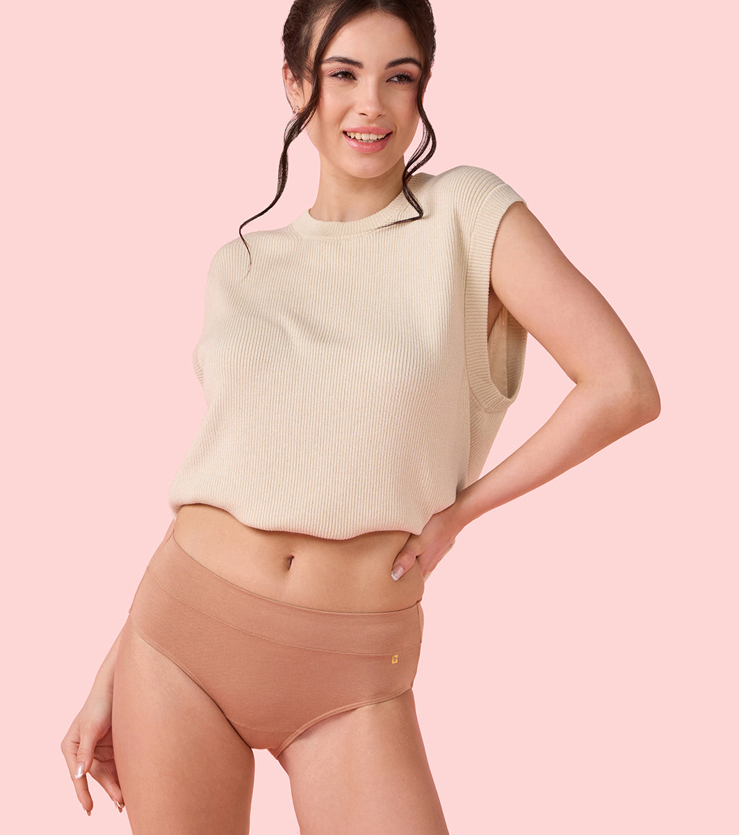 Enamor Innovations Bamboo Bliss, Anti Rash, All Day Comfort, Mid Waist Brief Panty for Women - Super Soft, Naturally Absorbent, Antimicrobial with Stain release, Inner Elastic, Full Coverage- IP01 (Honey Beige)