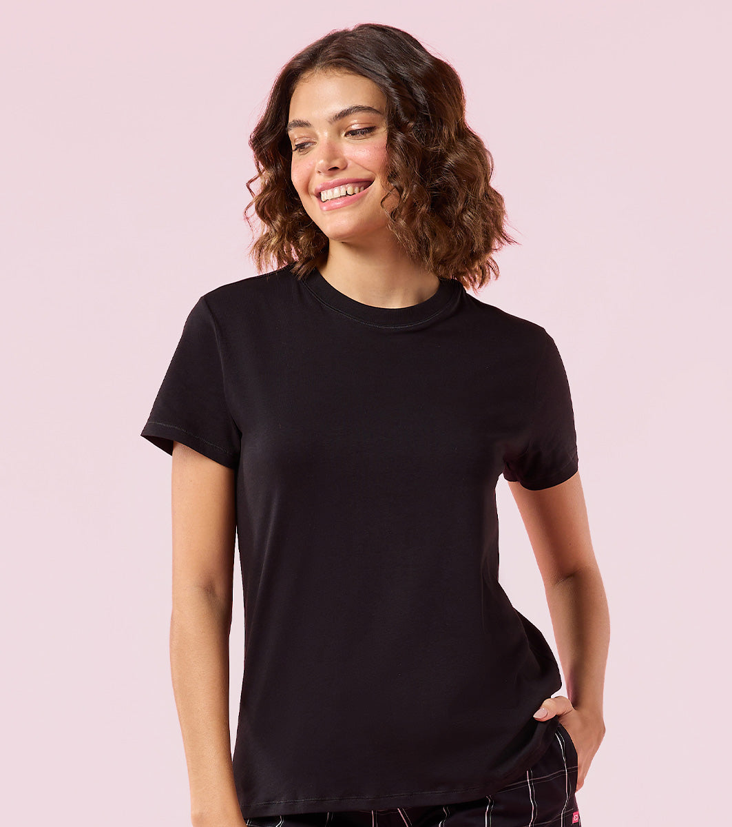 Enamor E311 Women Relaxed Fit Crew Neck Basic Stretch Cotton T-Shirt - Jet Black