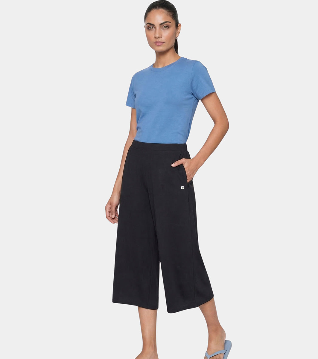 Enamor Mid Rise Crop length Slip on  Shop In Culotte For Women - Relaxed Fit, Super Soft - E064 (Jet Black)