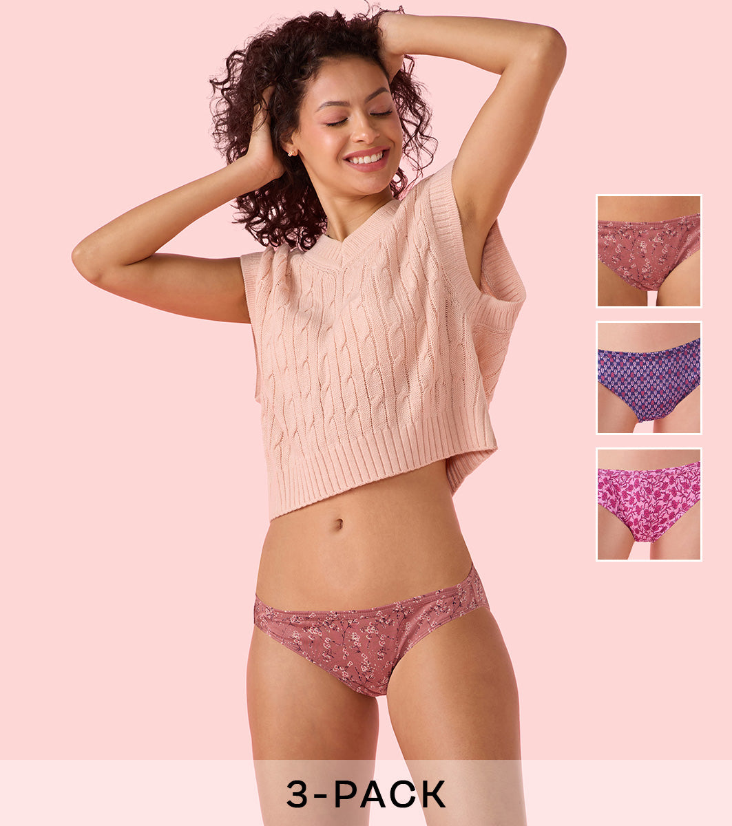 Enamor Chic Cotton, All Day Comfort, Mid Waist Hipster Panty for Women - Inner Elastic, Full Coverage - CH09 Pack of 3 (Multicolorprint)