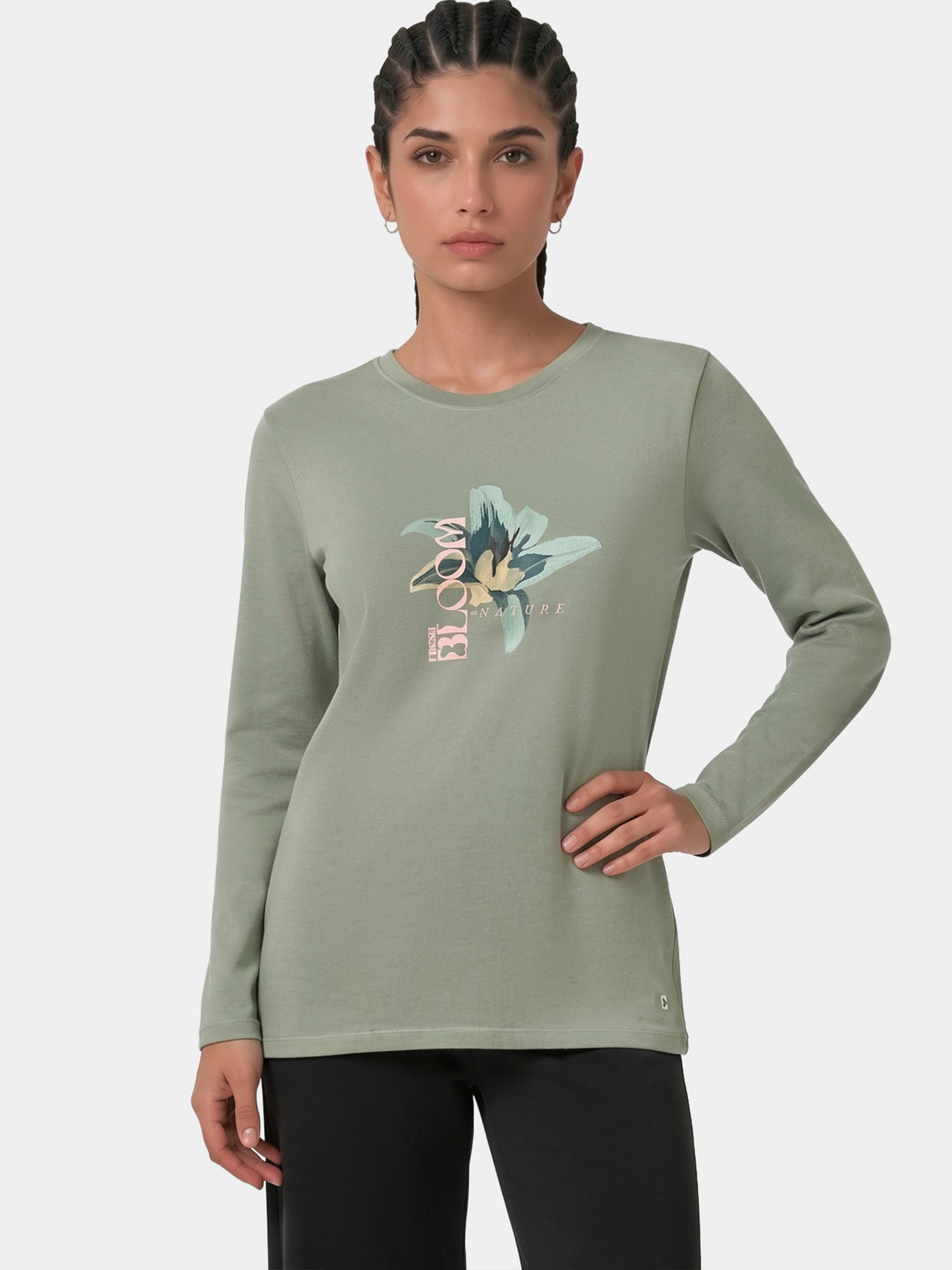 Enamor Full Sleeve Crew Neck Regular Length Pull On Basic Crew T-Shirt For Women - Typographic Print, Soft and Breathable Stretch Cotton - E157 (Iceberg Green)