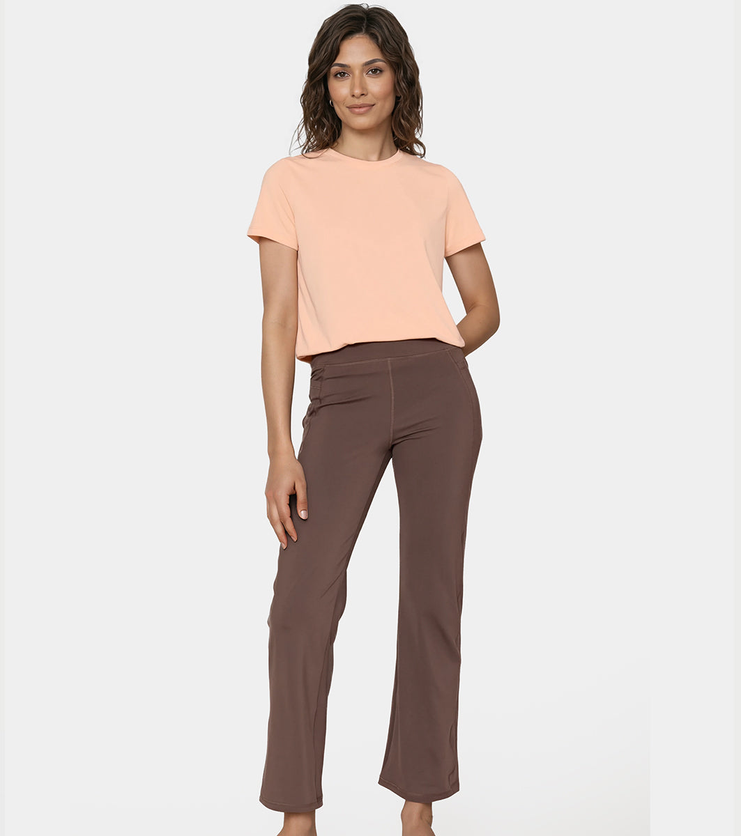 Enamor High Rise Full Length Pull on Boot Cut Active Pant For Women - Relaxed Fit, Quick Dry, Antimicrobial - A402 (Chocolate Brown)