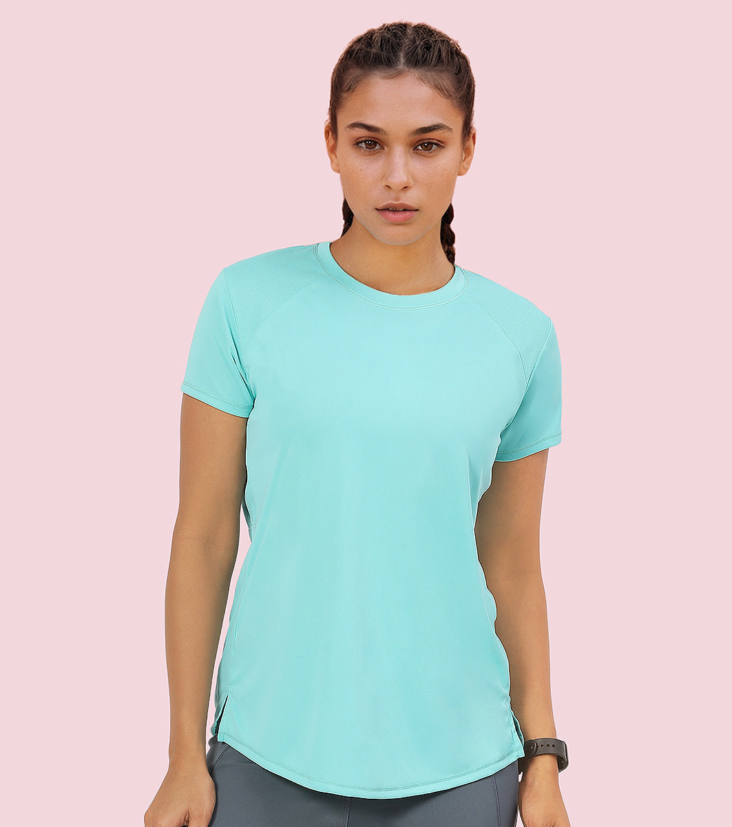 Enamor A313 Women Active Panel Quick Dry Relaxed Fit, Regular Length Workout T-Shirt - Pool Blue