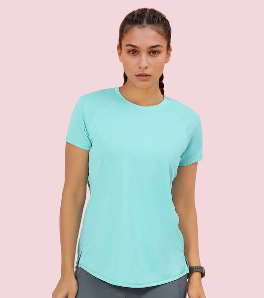 Enamor Pull on Short Sleeve Dry Fit Crew Neck Regular Length Panel T-Shirt For Women - Relaxed Fit - A313 (Pool Blue)