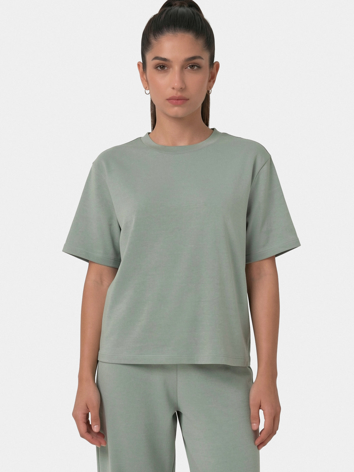 Enamor Essentials Back Graphic Oversized T-Shirt – E347, Oversized Fit, Regular Length, Back Graphic, Stretch Rib Neck Band (Iceberg Green)