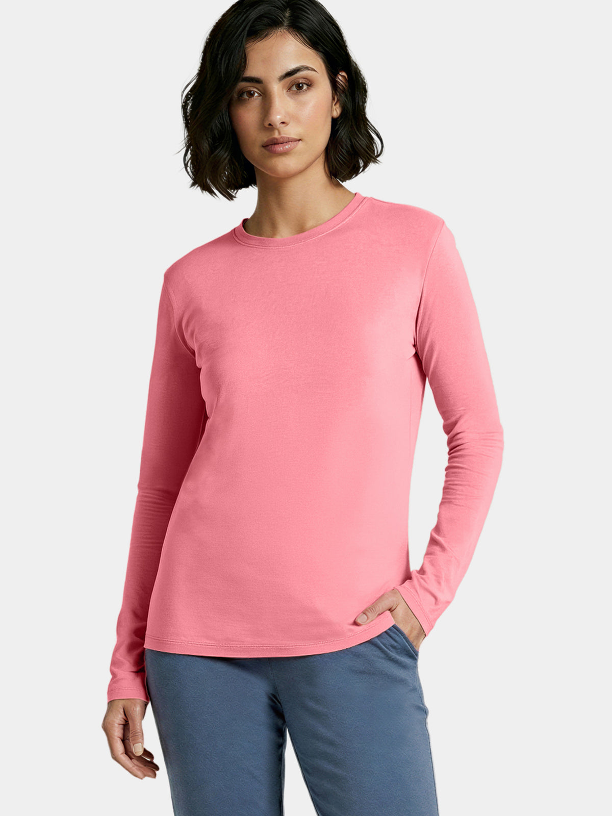 Enamor Full Sleeve Crew Neck Regular Length Basic Crew T-Shirt For Women - Slim Fit, Soft and Breathable Stretch Cotton - E057 (Peach Blossom)