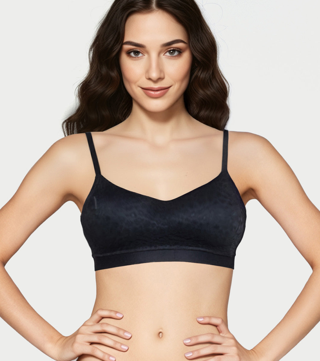 Enamor Lit Balconette Bra for Women Padded, Wire-Free, Medium Coverage, Lace Jacquard on Cups - SMB02 (Black)
