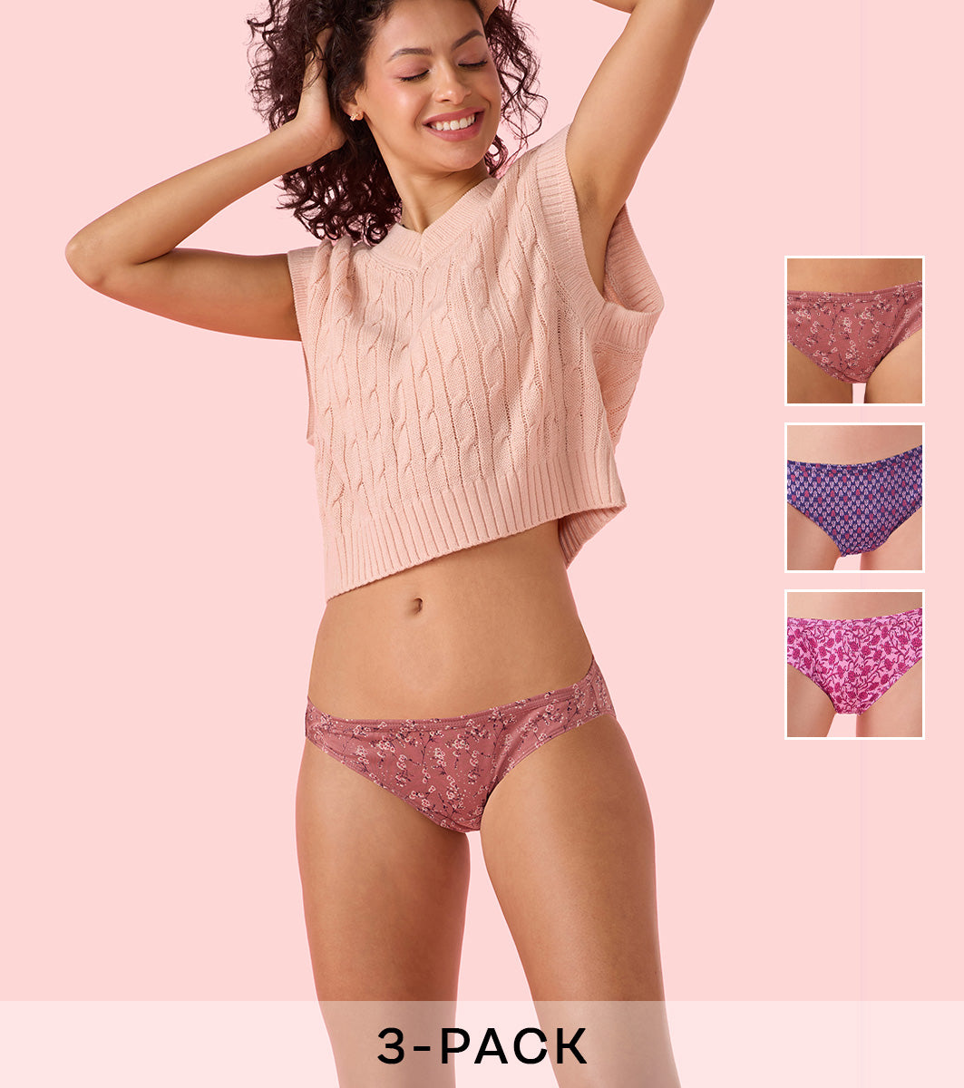 Enamor Chic Cotton, All Day Comfort, Mid Waist Hipster Panty for Women - Inner Elastic, Full Coverage - CH09 Pack of 3 (Multicolorprint)