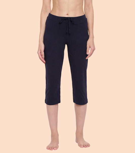 Enamor Mid Rise Capri length Drawstring Closure Lounge Capri for Women - Slim Fit, Soft and Breathable Stretch Cotton - E018 (Navy)