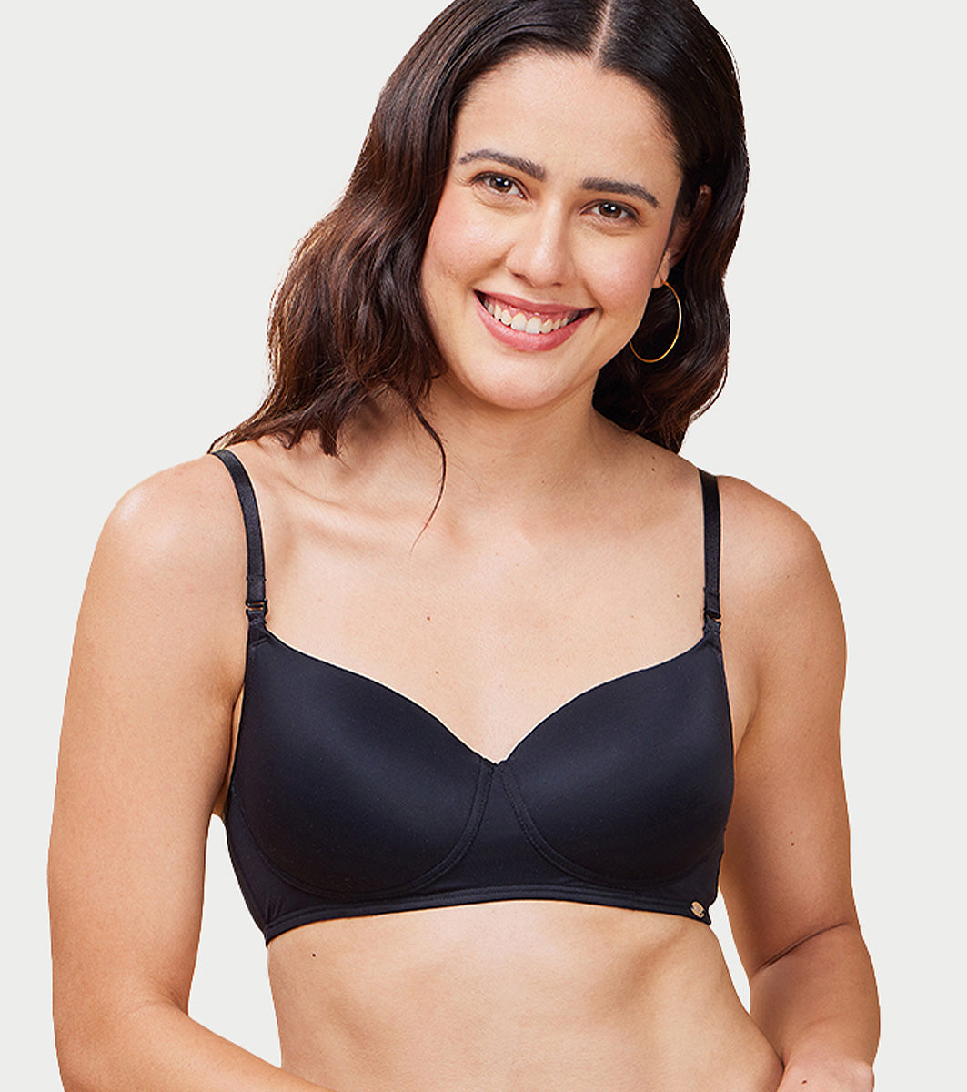 Enamor Women's Everyday  Balconette T-Shirt Bra - Eco fabric, Padded, Wirefree, Medium Coverage  - F131 (Black)